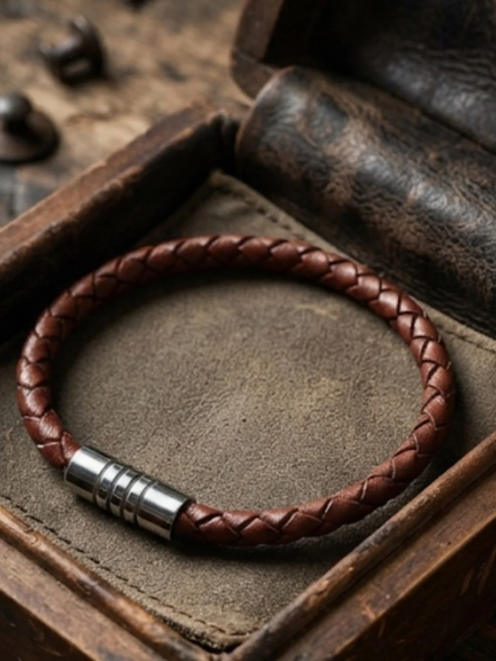 NEW Mens Bracelet Leather Braided 6mm Steel Magnetic Closure 8.5